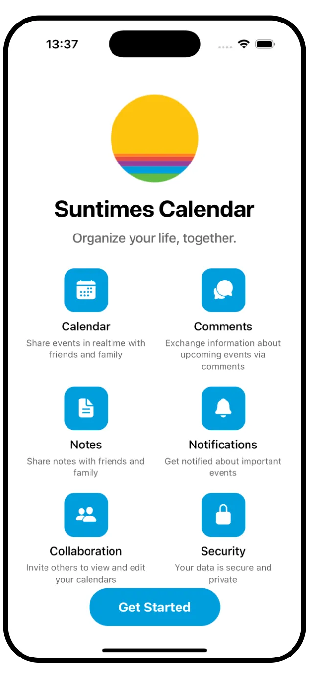 Suntimes Calendar Features Overview Screen